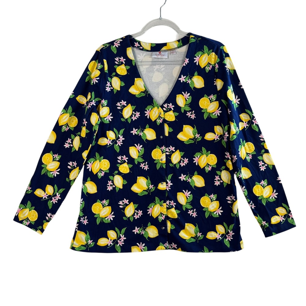 Quacker Factory Lemon Print Top Medium Fruit Graphic Cottagecore Preppy Coastal‎